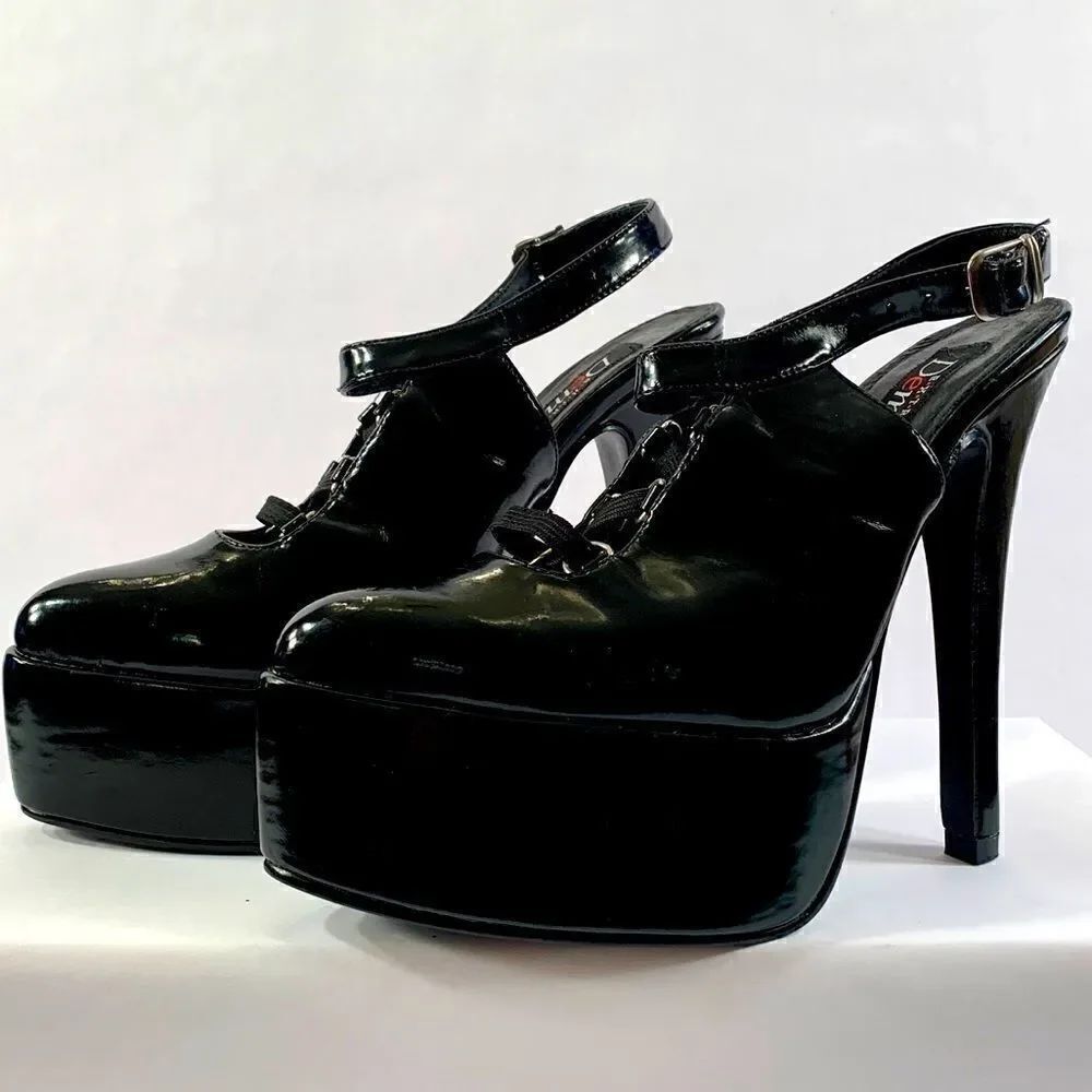 BLACK PLATFORM VINTAGE EXTREME DEMONIA BLACK PATENT 6” S-8